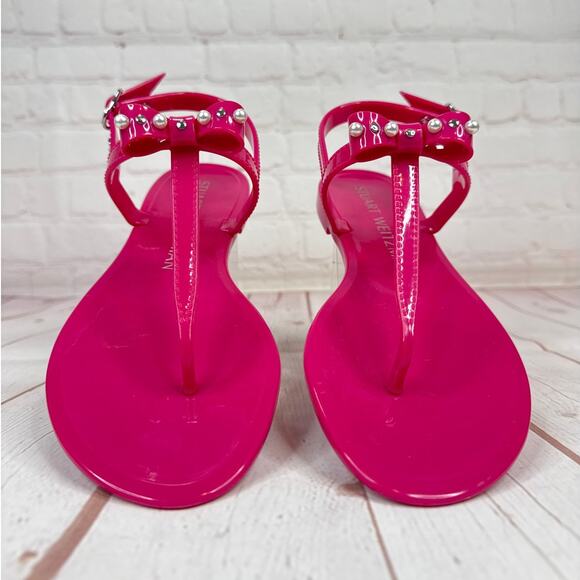 Stuart Weitzman Imitation Pearl Bow Jelly Pink Ankle Strap Sandals Women’s Sz 6B - Picture 5 of 8
